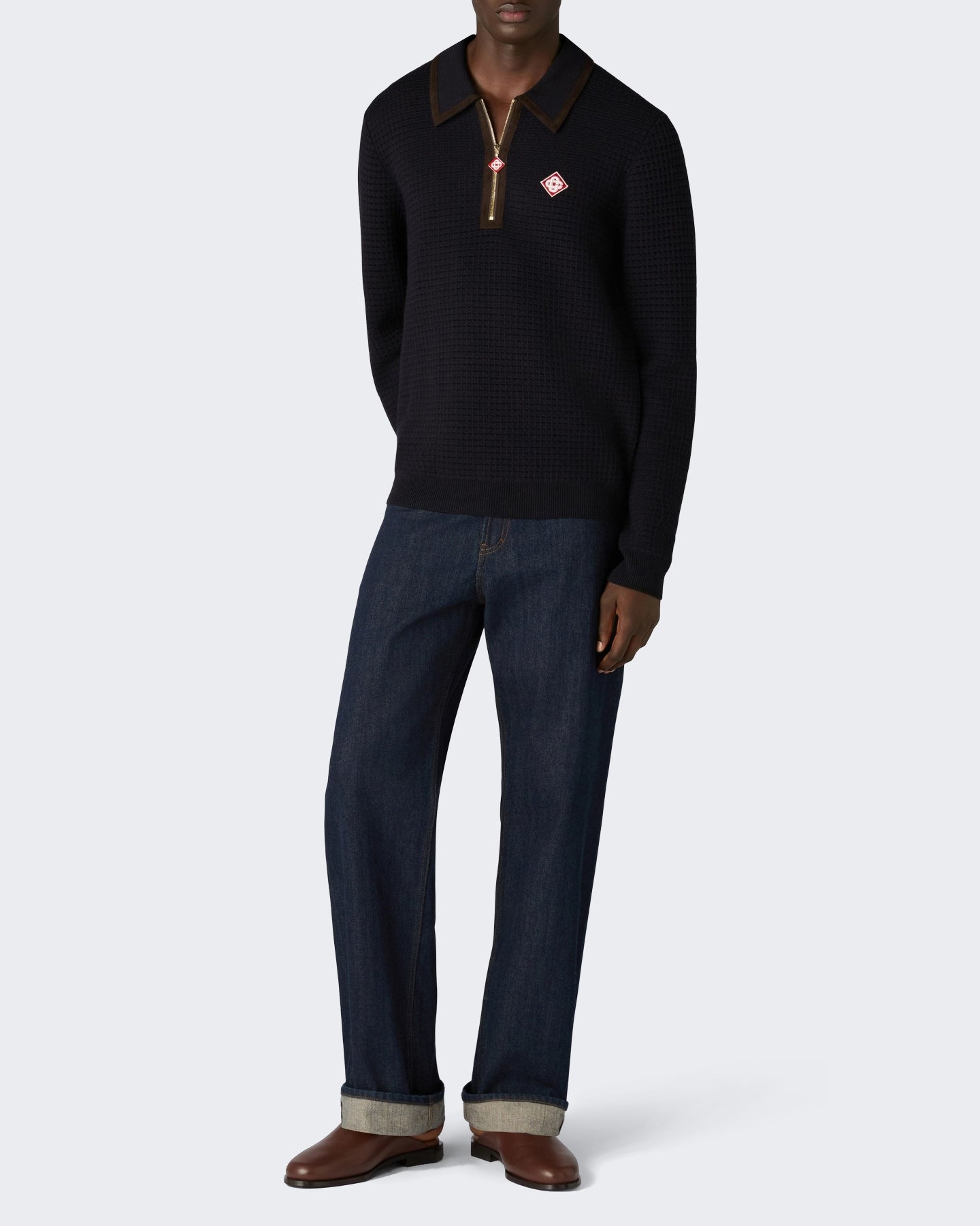 Heren Waffle Stitch Ls Polo Shirt Blauw