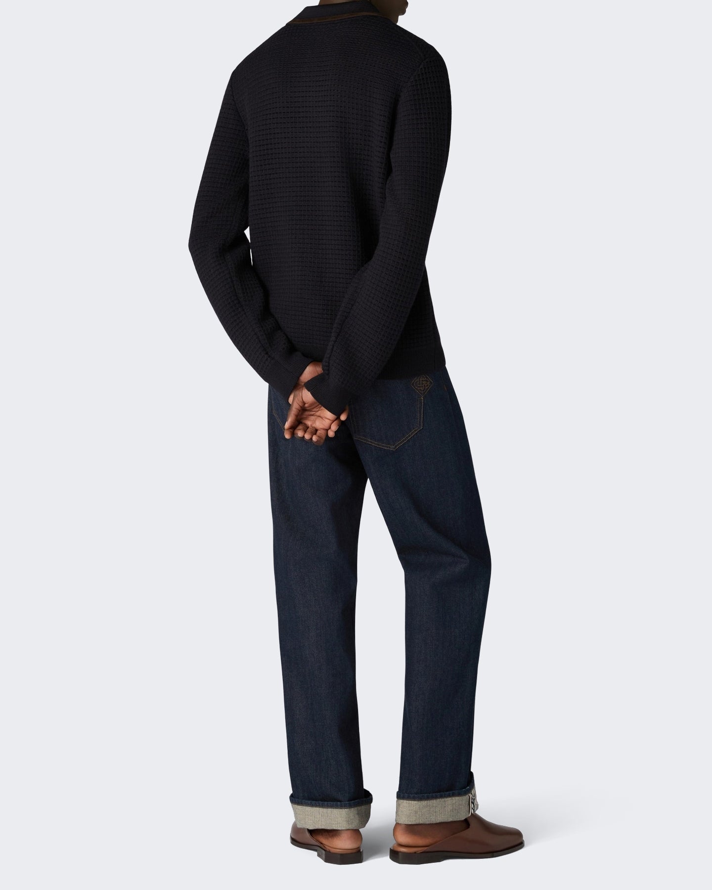Heren Waffle Stitch Ls Polo Shirt Blauw