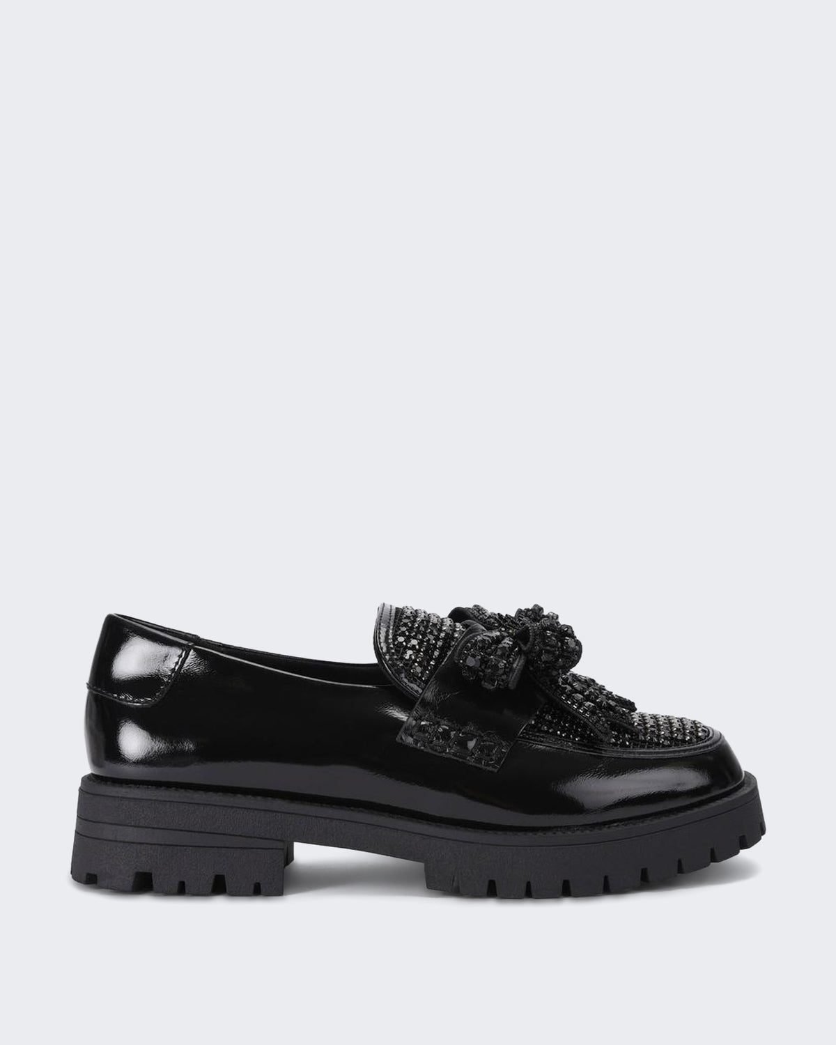 Damen 225-Bow Crystal Loafer-Black-Leather Schwarz