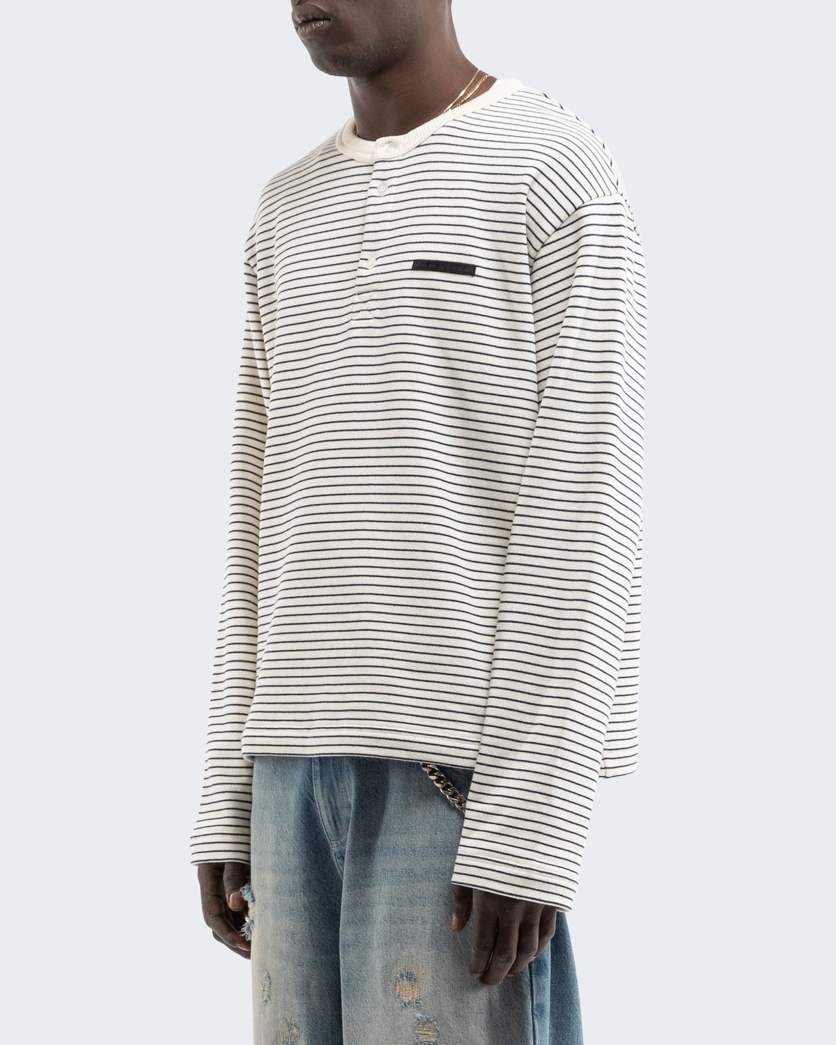 Herren Henley Stripe Longsleeve Off White/Navy
