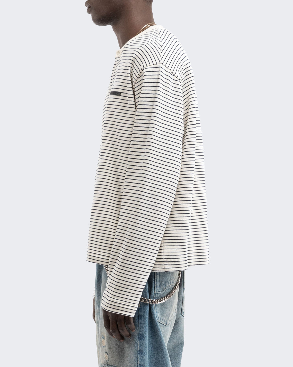 Herren Henley Stripe Longsleeve Off White/Navy