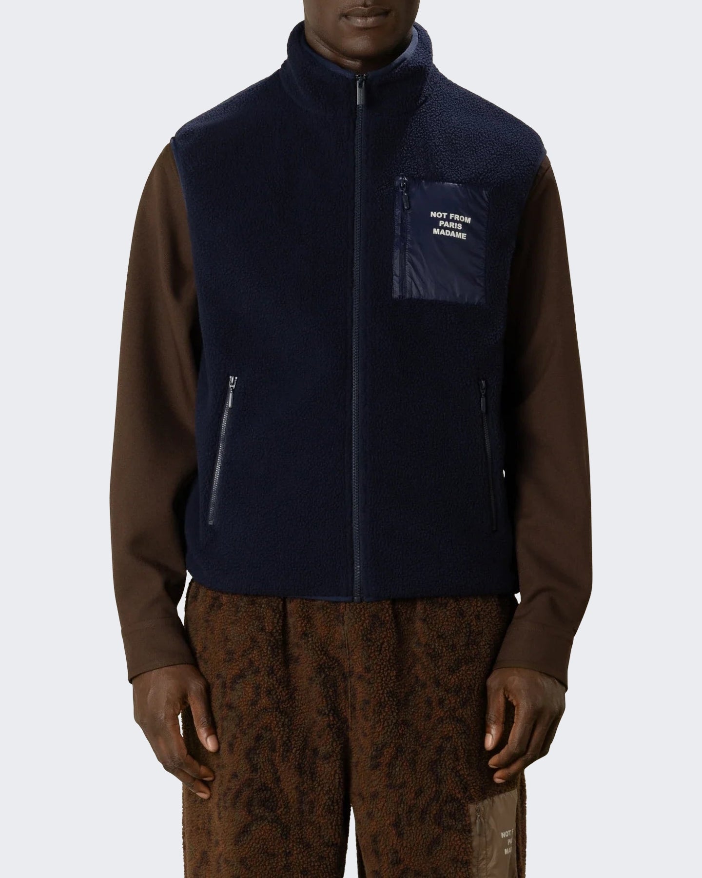 Drole De Monsieur Heren Mouwloze sherpa jack met slogan Blauw - Eleganza.nl
