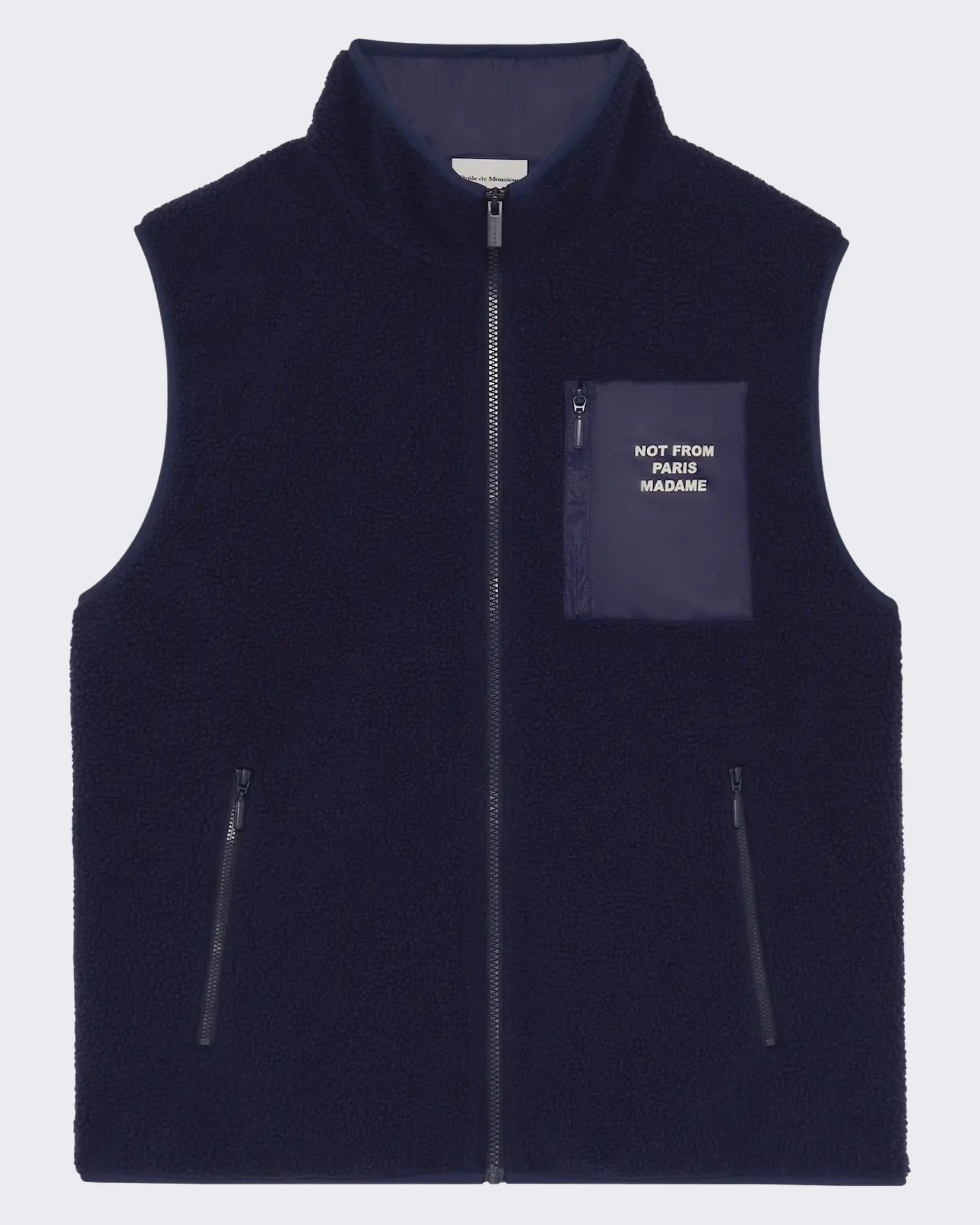 Drole De Monsieur Heren Mouwloze sherpa jack met slogan Blauw - Eleganza.nl