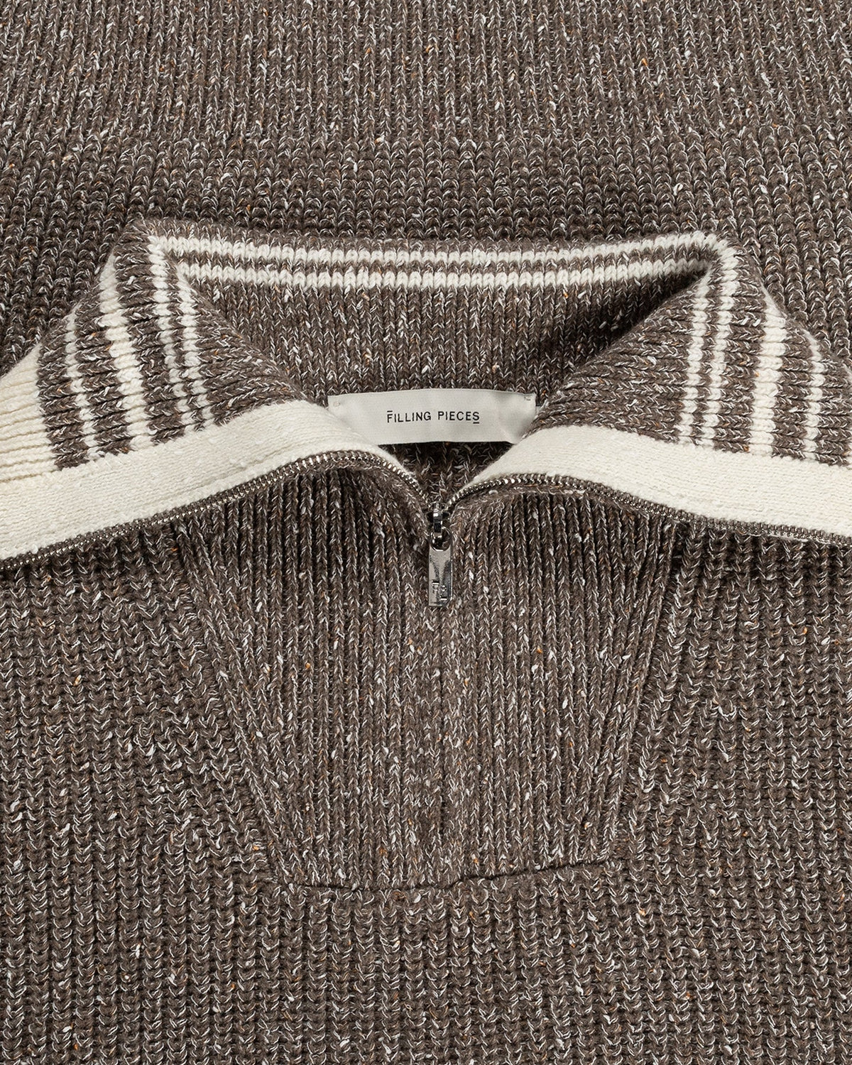 Filling Pieces Heren Chunky gebreide sweater met rits en visgraatvlecht Off White - Eleganza.nl