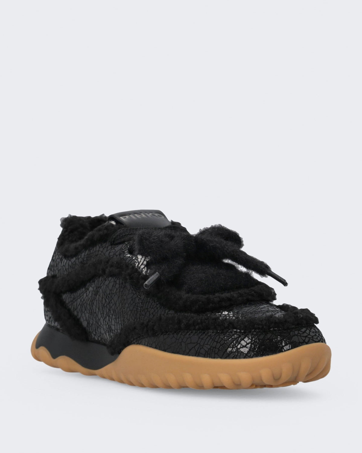 Pinko Dames Gea sneaker met craquelé en bont Zwart - Eleganza.nl