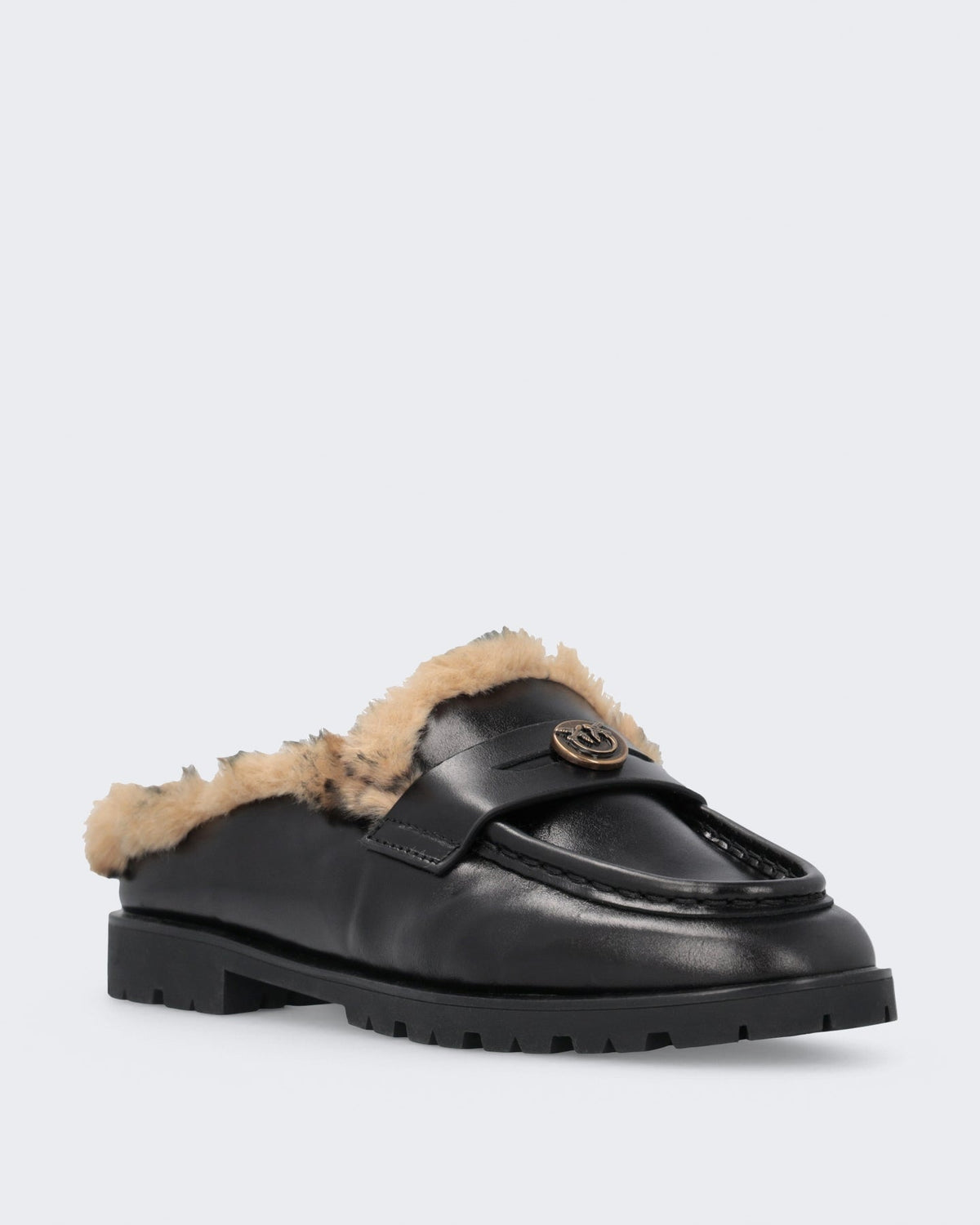 Pinko Dames Nora sabot van luxe kalfleer met bont Zwart - Eleganza.nl