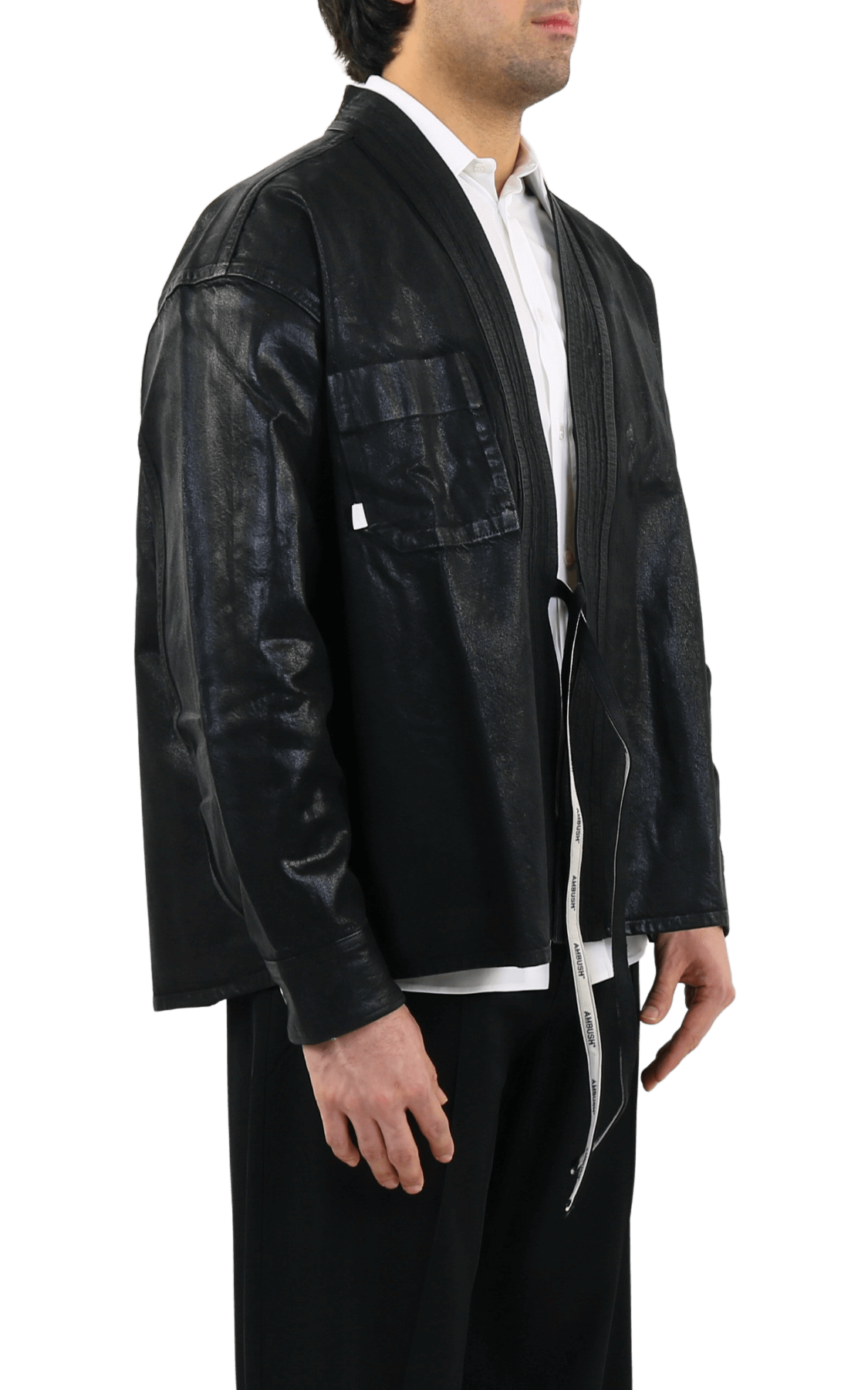 Heren Coated Denim Kimono Shirt Blac