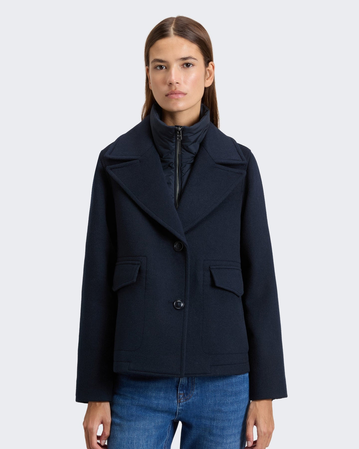 Woolrich Dames Melton wollen 2-in-1 peacoat Blauw - Eleganza.nl