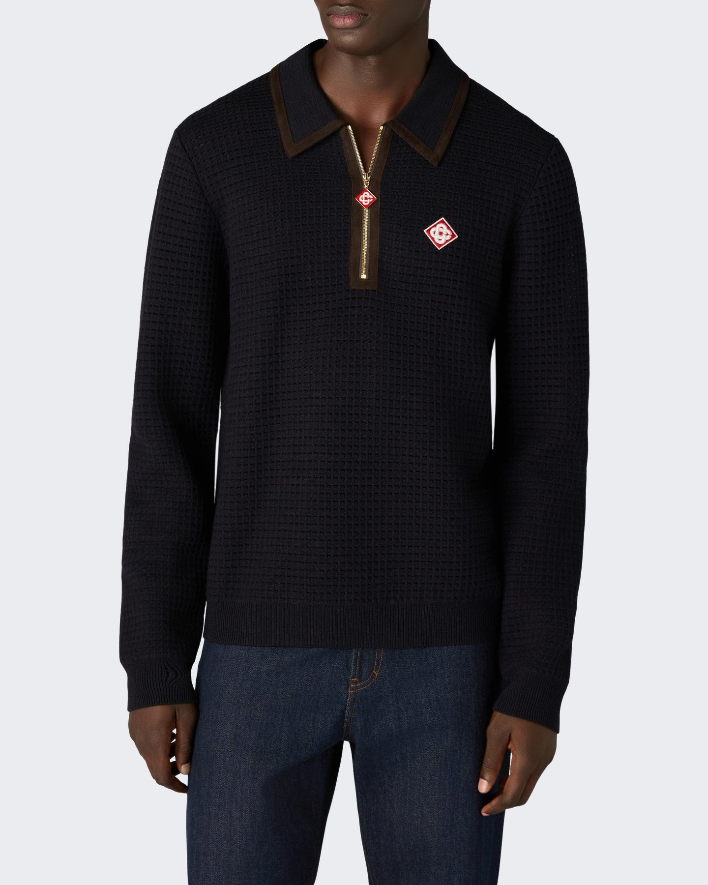 Heren Waffle Stitch Ls Polo Shirt Blauw