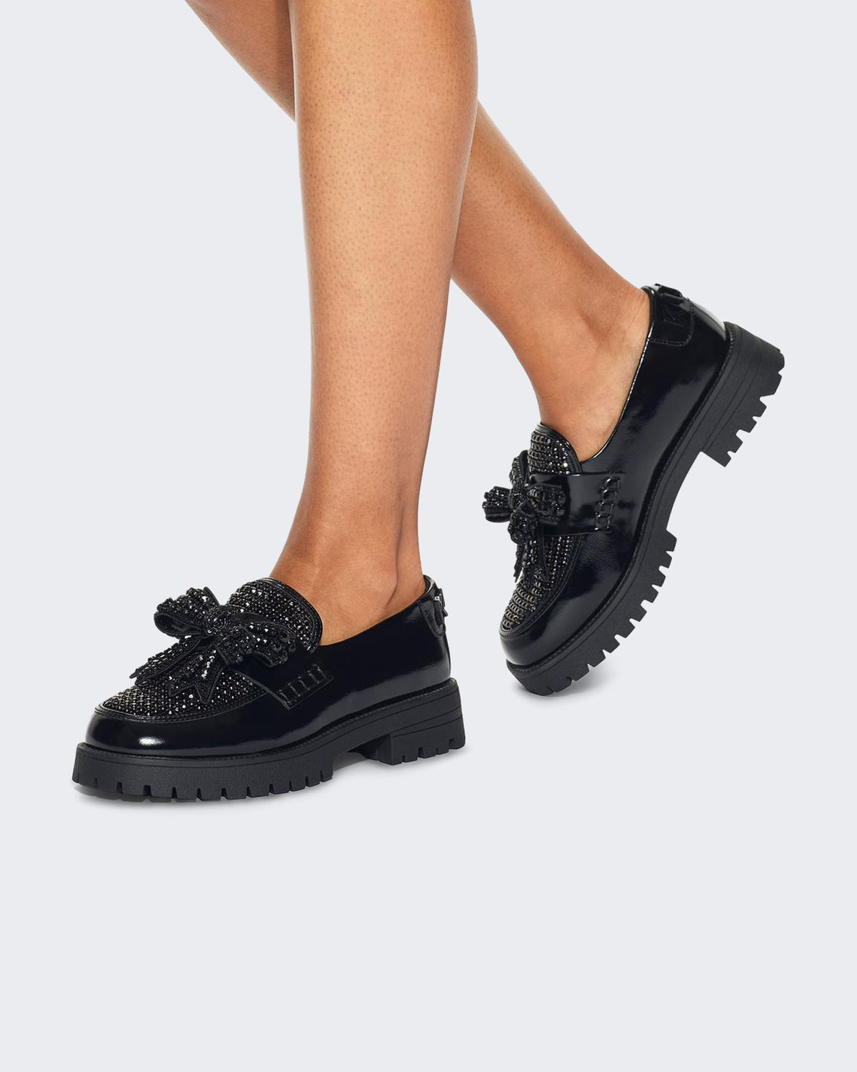Damen 225-Bow Crystal Loafer-Black-Leather Schwarz