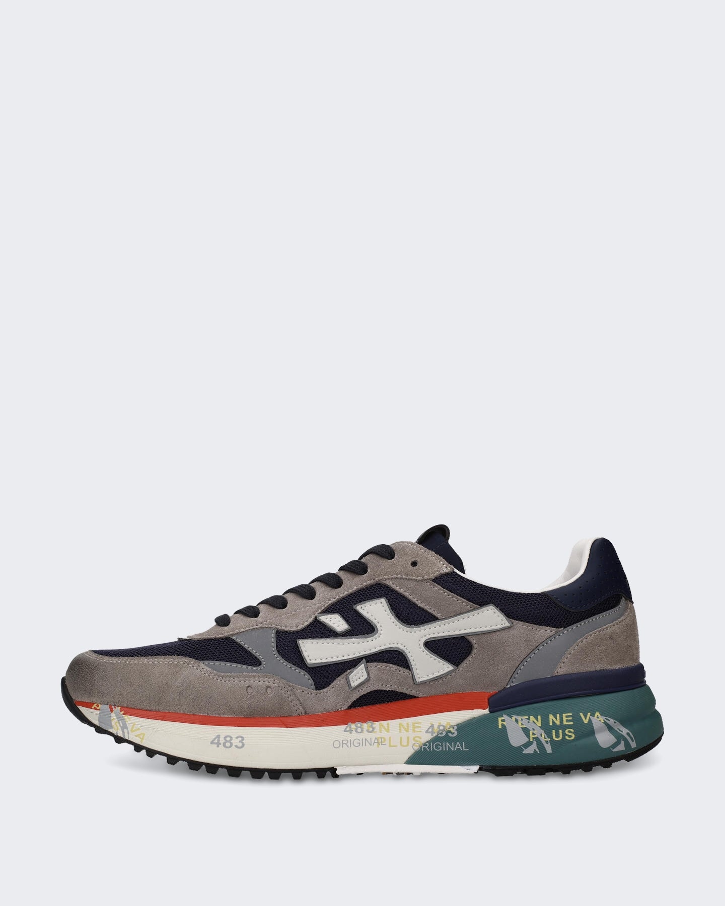 Heren Sneaker met blauw grijs en rood kleurblok
