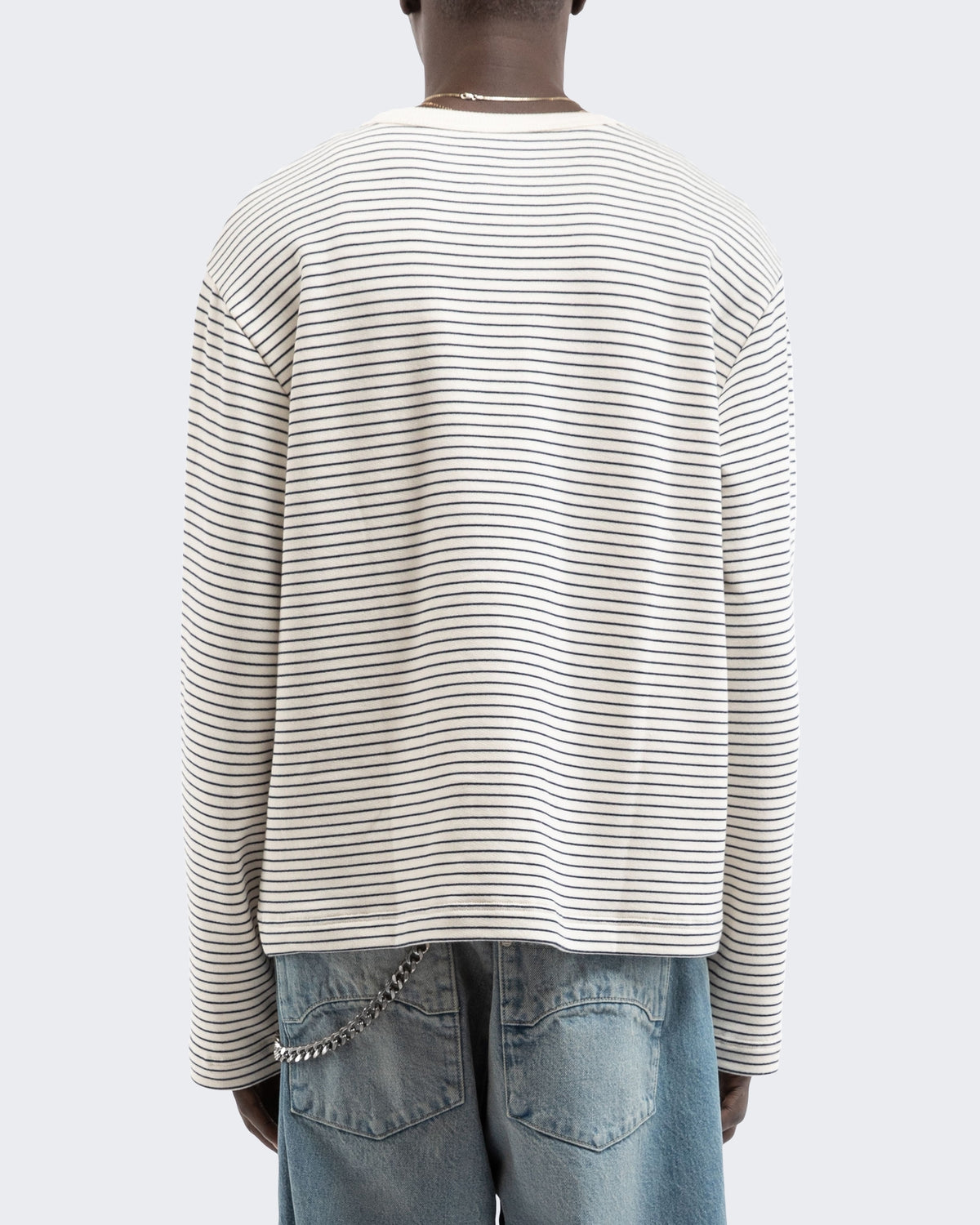 Herren Henley Stripe Longsleeve Off White/Navy