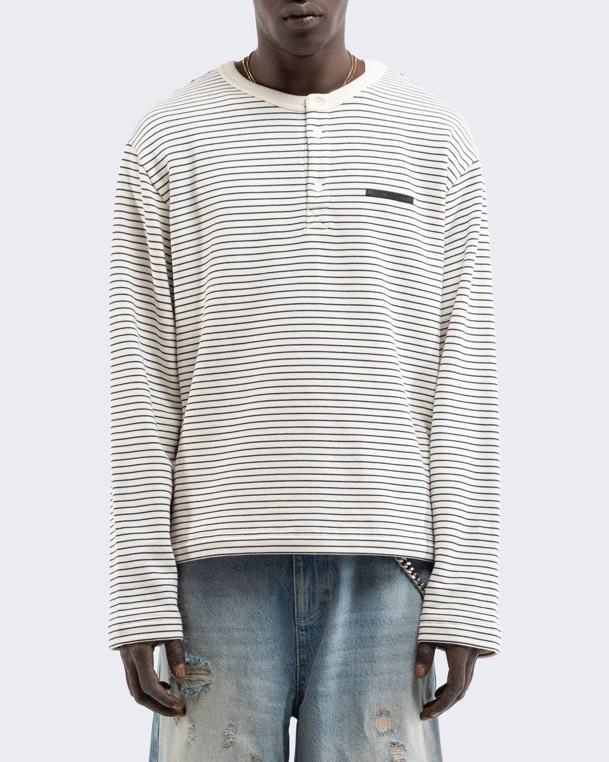Herren Henley Stripe Longsleeve Off White/Navy