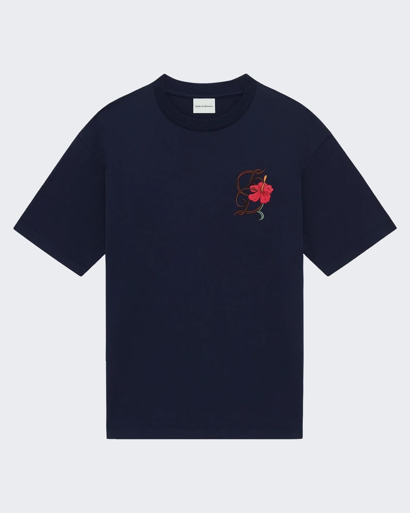 Heren T-Shirt D Hibiscus Brodée