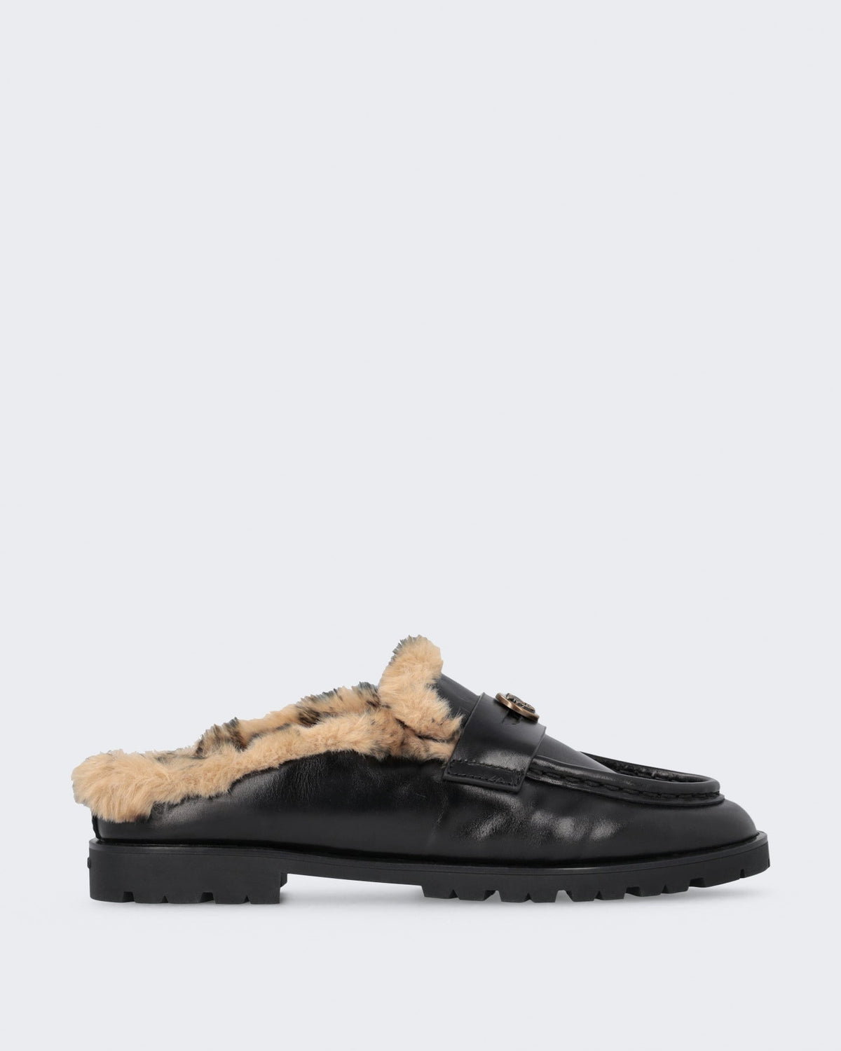 Pinko Dames Nora sabot van luxe kalfleer met bont Zwart - Eleganza.nl